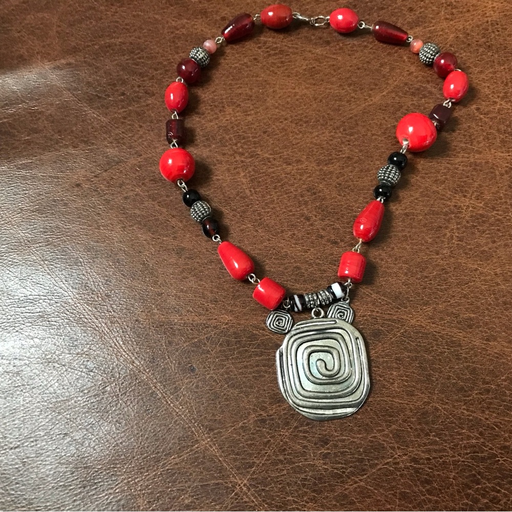 Artisan Red and Silver Spiral Pendant Necklace